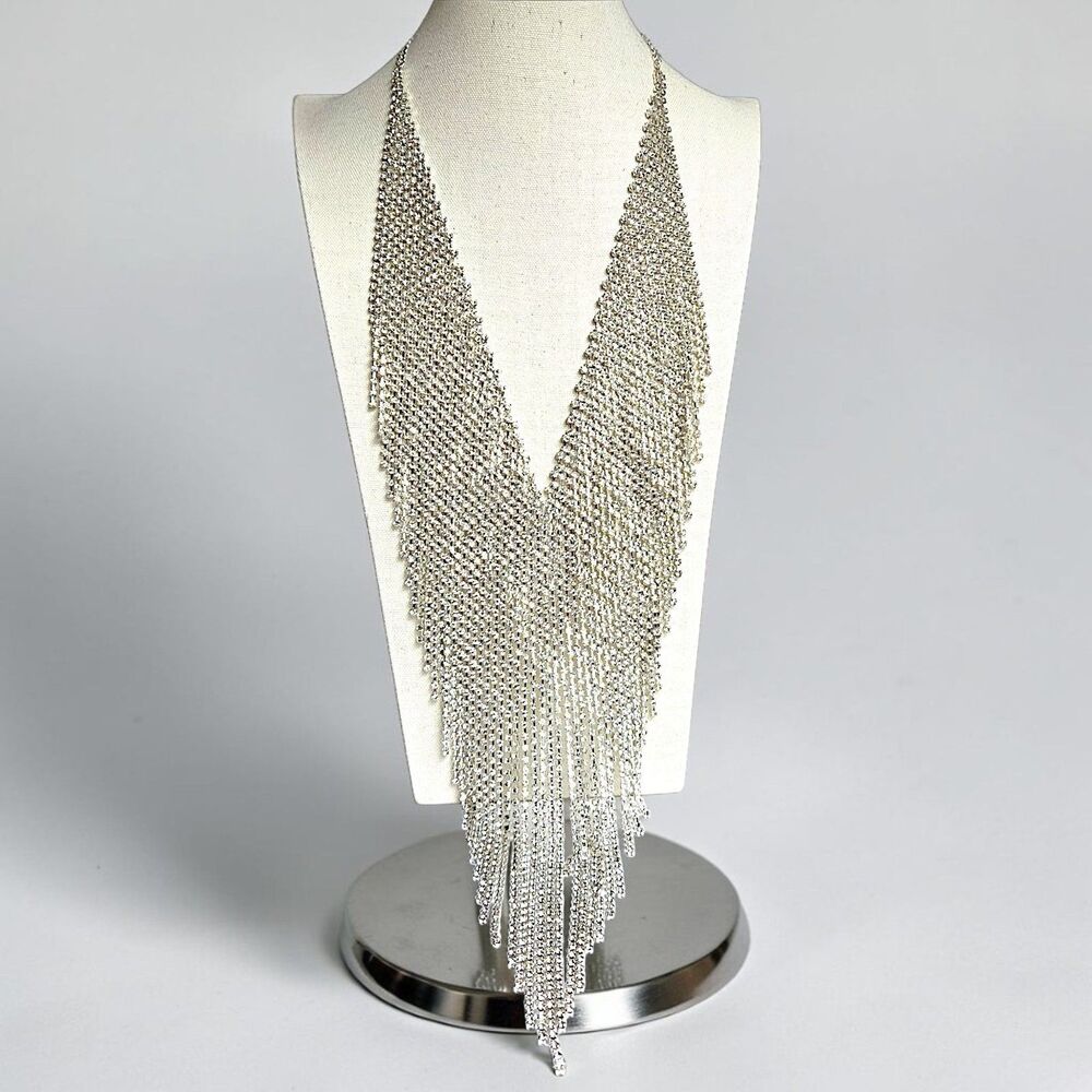 Natasha Couture Rhinestone Mesh Waterfall Fringe Necklace Silver Tone 20" to 25"